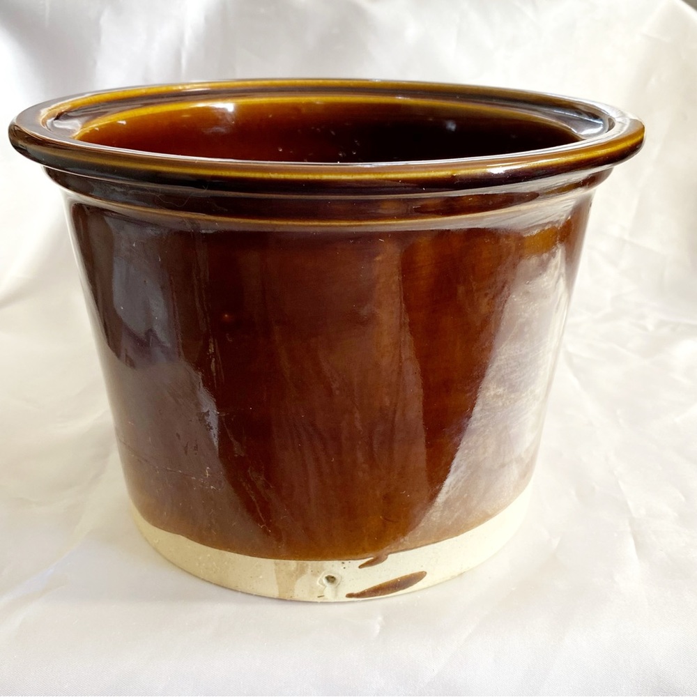 Vintage stoneware rustic two tone crock made in Japan. Stamped NGK. No lid.